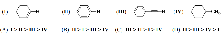 The correct order of the 1 H NMR chemical shift values (d) for the indicated hydrogens (in bold) in the following compounds is
